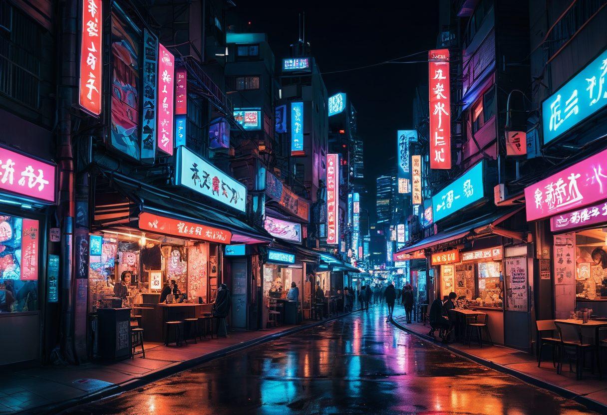 A detailed illustration of an anime-style cityscape at night with neon signs illuminating the streets, focusing on the vibrant, diverse culture of hentai anime. Characters should be expressive but subtly sensual, hinting at adult themes without explicit content. Background elements include bustling cafes, alleys with colorful graffiti, and posters of popular anime characters. Digital art. vibrant colors. cyberpunk atmosphere.