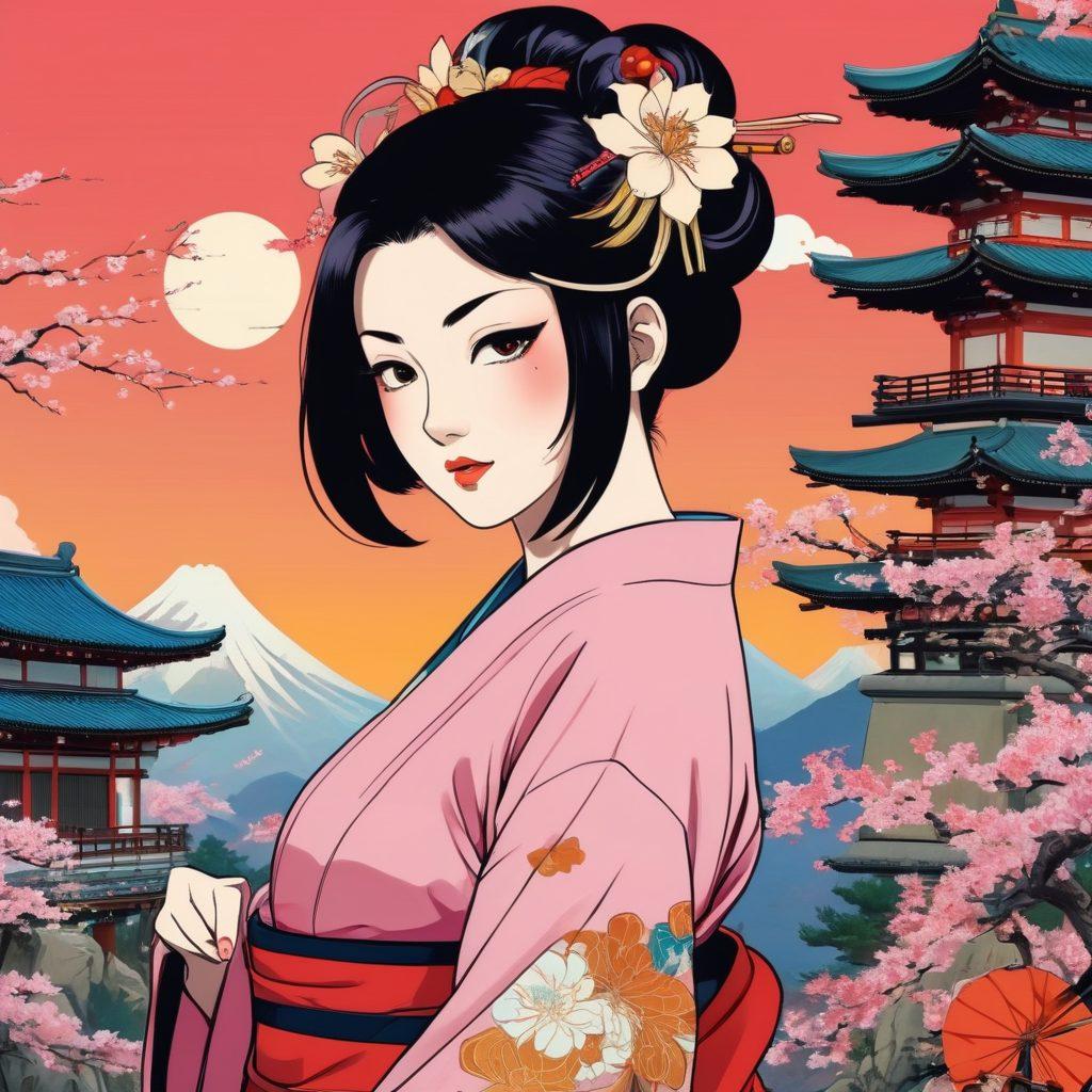 A visual timeline depicting the evolution of adult anime, starting from vintage hentai films on tape reels and transitioning to modern explicit hentai episodes on streaming platforms. Include diverse characters and iconic scenes representing each era, set against a backdrop of Japanese ukiyo-e art style merged with cyberpunk elements. vibrant colors. 3D.