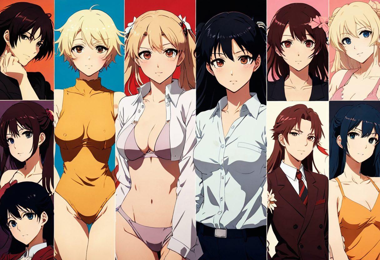 A stylish, mature-themed collage featuring elegant, anime-style characters from different hentai clips and movies; modestly sexy poses, soft lighting, and subtle, elegant backgrounds with an adult, sophisticated feel. Warm, inviting color palette. anime-style. vibrant colors.